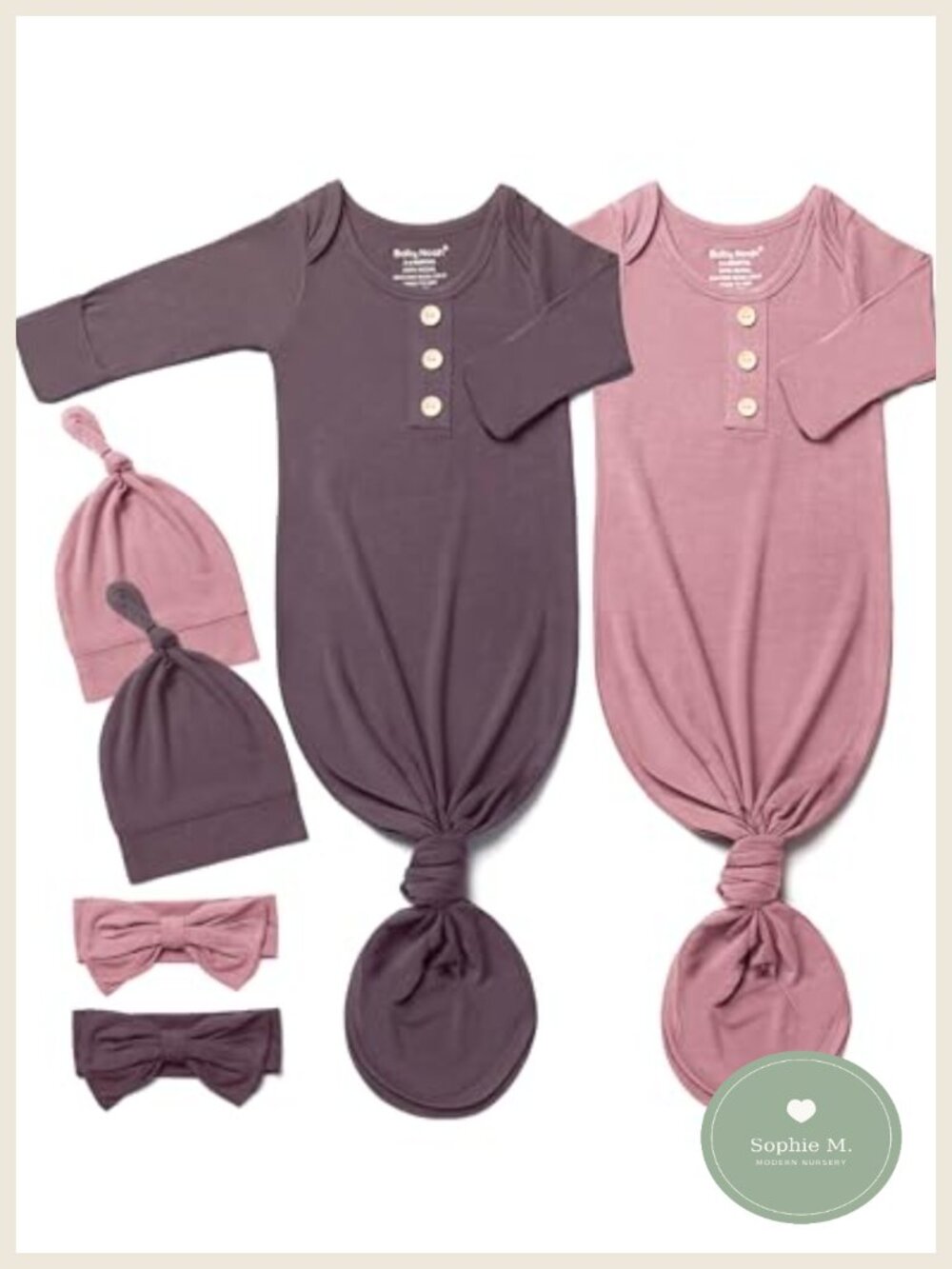 Newborn Knotted Gown Set with Hat and Headband, Tie Bottom Sleepers